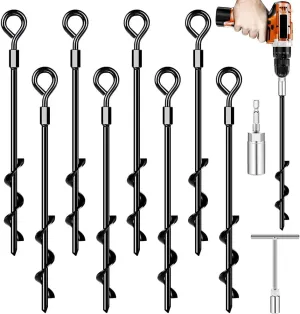 Ground Anchors, Trampoline Anchors Heavy Duty Screw in Ground Anchors 8Pack，Tent Stakes for Camping Tent, Trampoline, Canopies, Carports, Sheds, Swing Sets,14in Ground Anchors for High Winds, Black