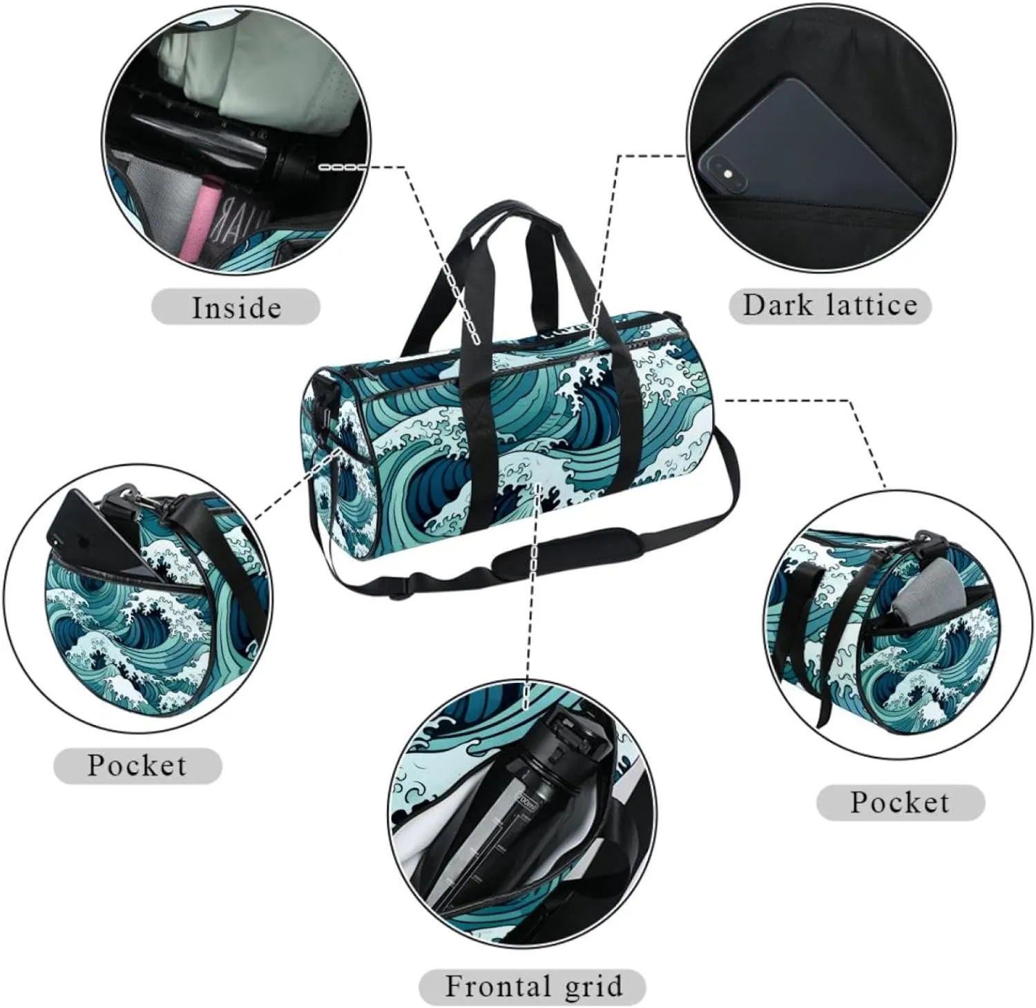 Gym Bag for Women,Small Gym Bag for Men,Sea Abstract Floral Waves,Overnight Bag