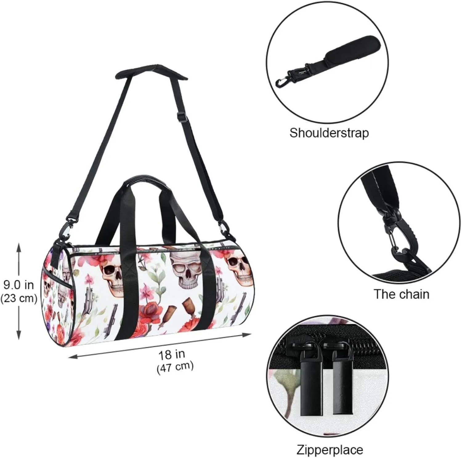 Gym Bag for Women,Small Gym Bag for Men,Western Cowboy Flower Skull,Overnight Bag