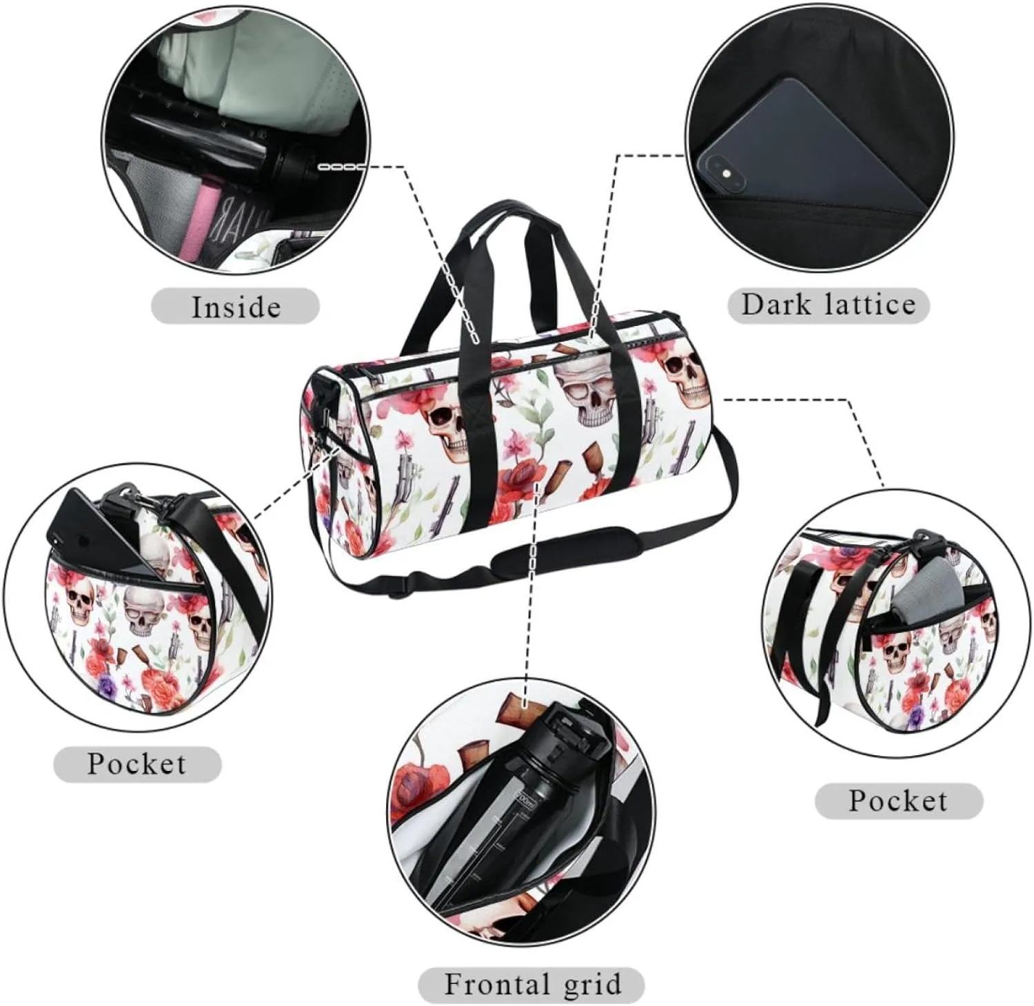 Gym Bag for Women,Small Gym Bag for Men,Western Cowboy Flower Skull,Overnight Bag