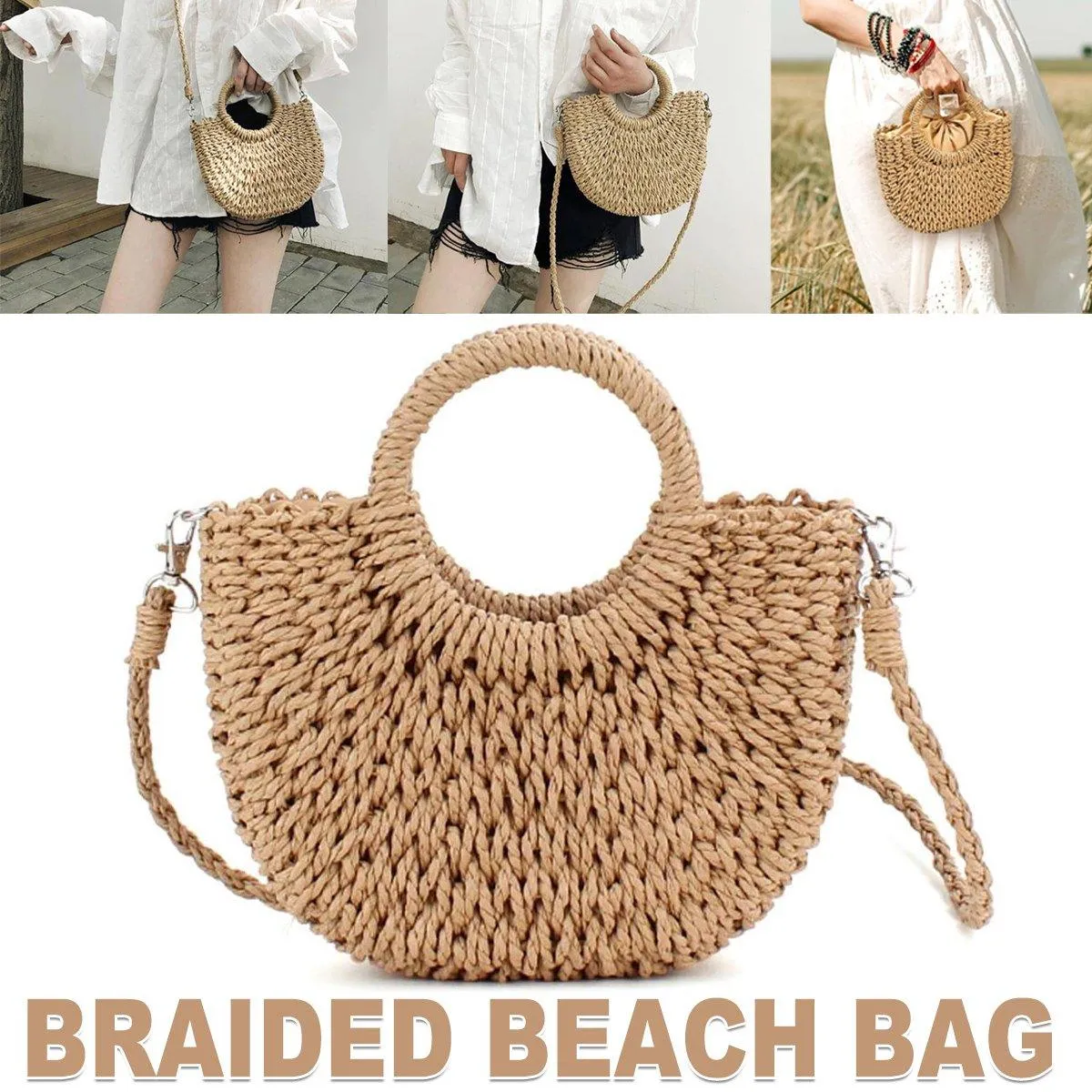 Half Round Woven Beach Bag Holiday Handbag Summer Tote for Travel and Shopping