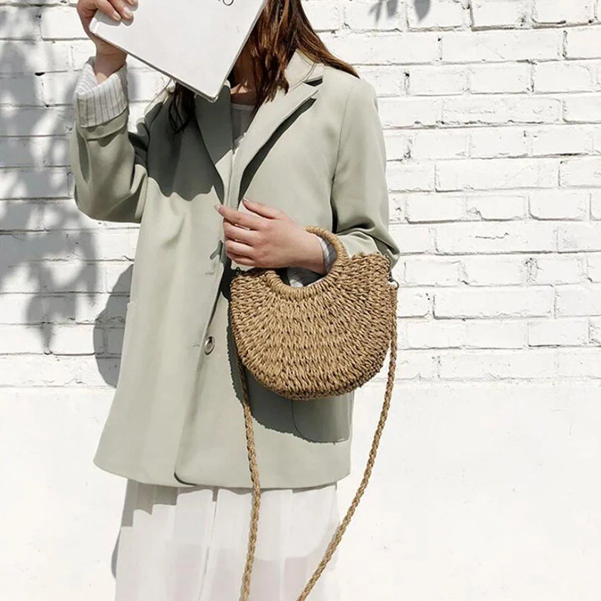 Half Round Woven Beach Bag Holiday Handbag Summer Tote for Travel and Shopping