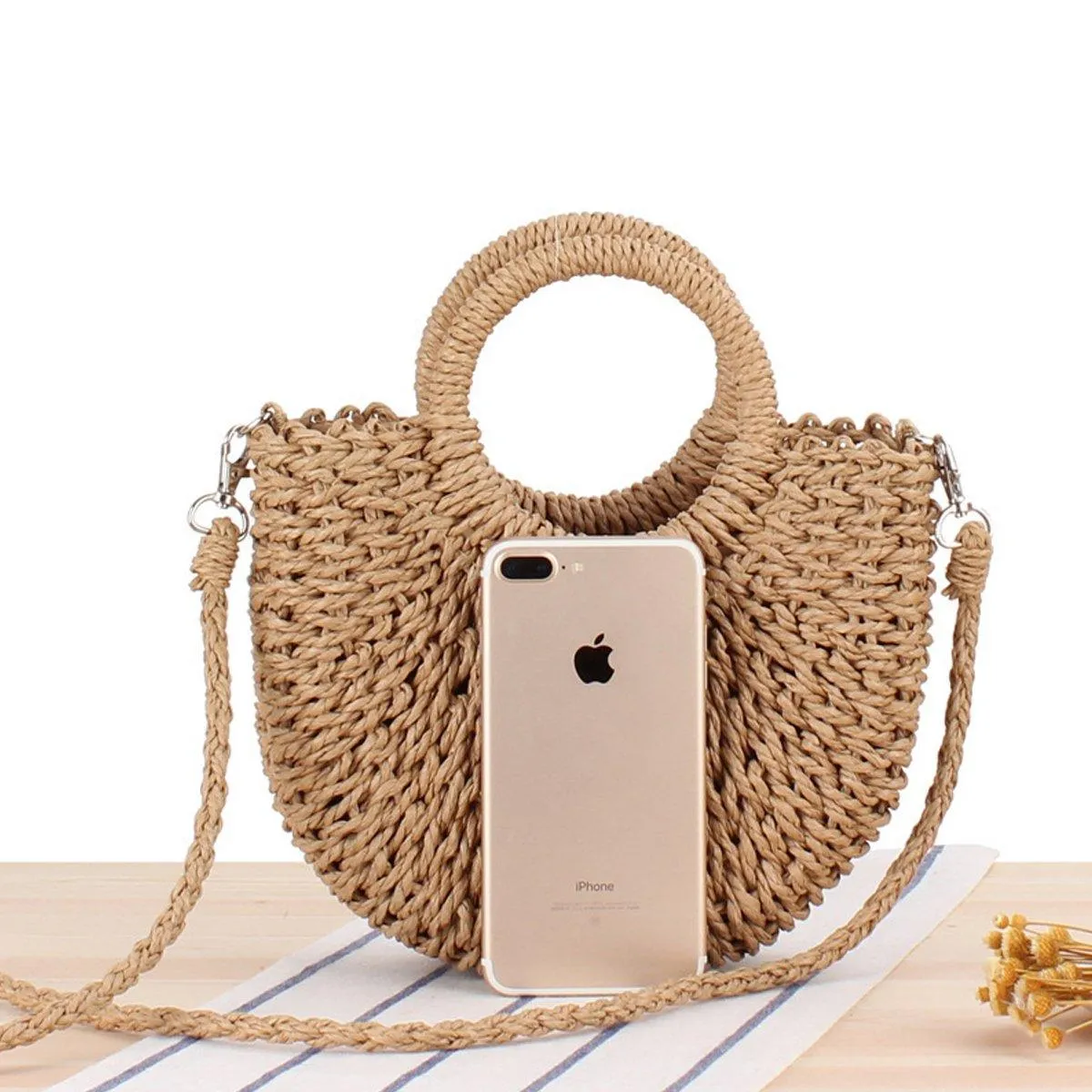 Half Round Woven Beach Bag Holiday Handbag Summer Tote for Travel and Shopping