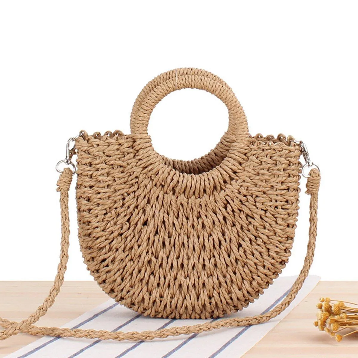 Half Round Woven Beach Bag Holiday Handbag Summer Tote for Travel and Shopping