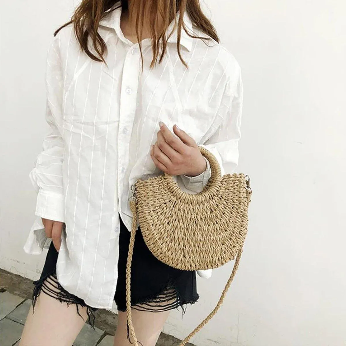 Half Round Woven Beach Bag Holiday Handbag Summer Tote for Travel and Shopping