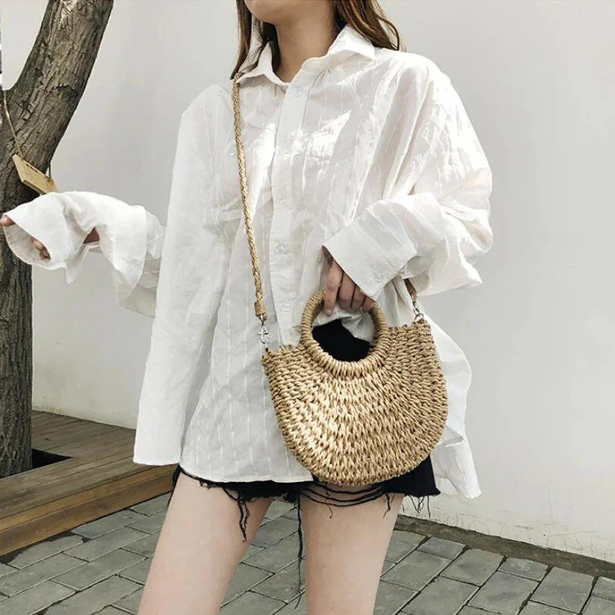 Half Round Woven Beach Bag Holiday Handbag Summer Tote for Travel and Shopping