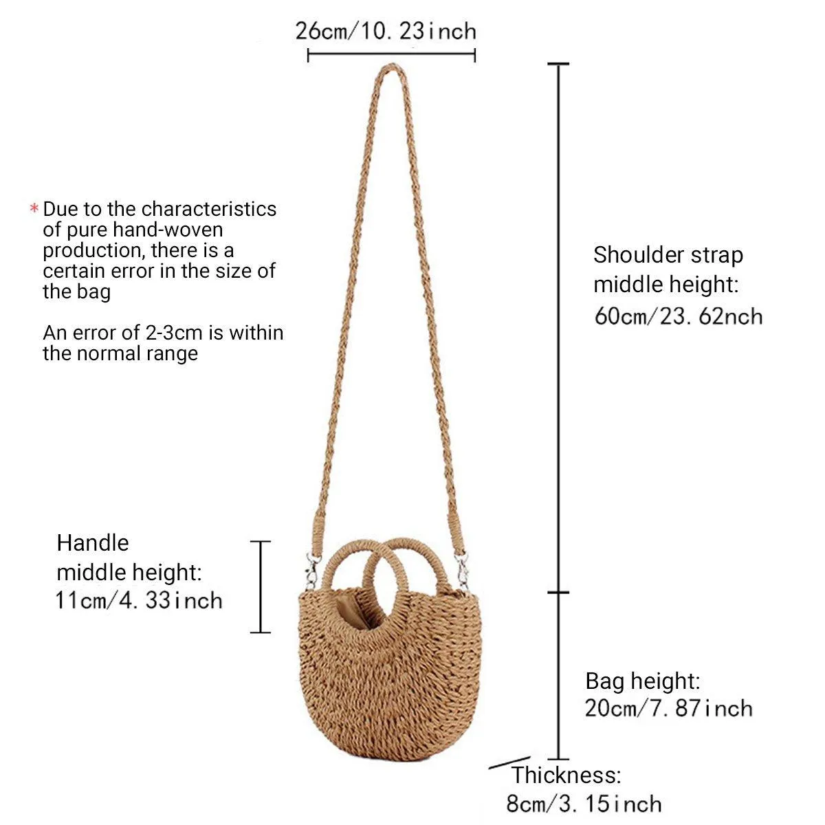Half Round Woven Beach Bag Holiday Handbag Summer Tote for Travel and Shopping