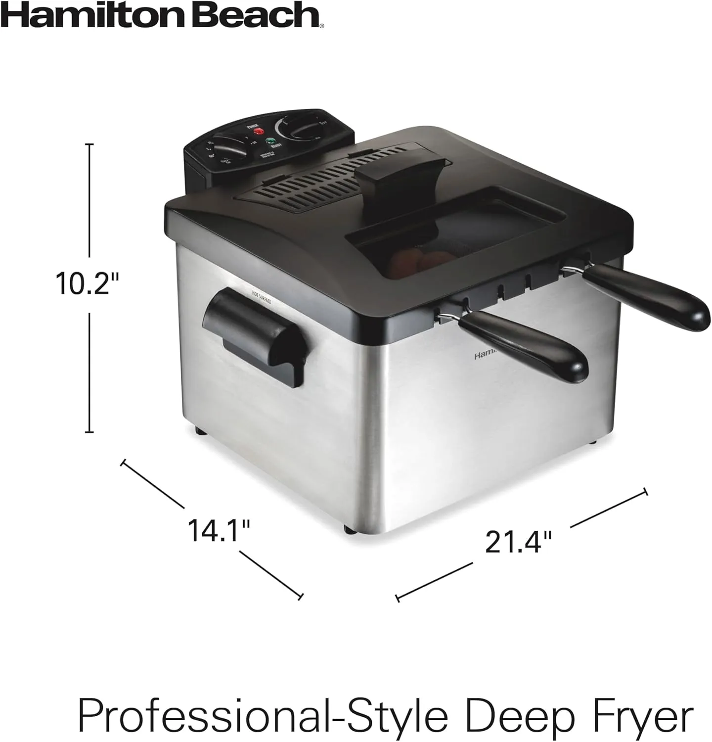 Hamilton Beach Electric Deep Fryer with 2 Baskets and Lid, 4.5 Liters / 19 Cups Oil Capacity, Temperature Control, View Window, Professional Style, 1800 Watts, Stainless Steel (35036)