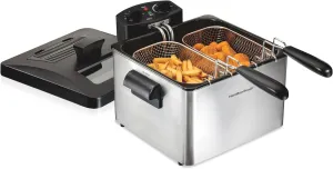 Hamilton Beach Electric Deep Fryer with 2 Baskets and Lid, 4.5 Liters / 19 Cups Oil Capacity, Temperature Control, View Window, Professional Style, 1800 Watts, Stainless Steel (35036)