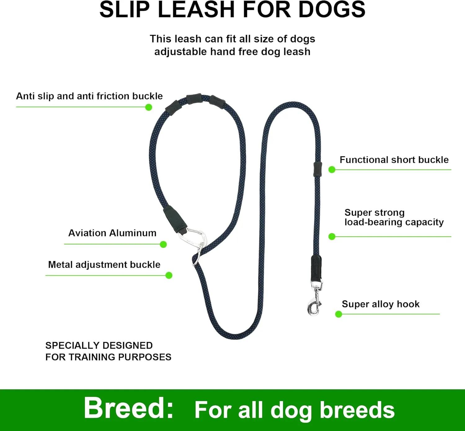 Hand Free Dog Leash,Shoulder Dog Leash,Adjustable Belt with Double Handle,The Perfect Choice for Running and Walking Dogs,Suitable for Small,Medium and Large Slip Leads for dogs7.8FT(Green)