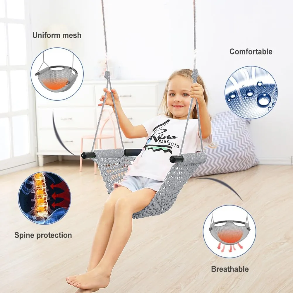 Hand-Knitting Toddler Swing Seat for Kids with Adjustable Ropes, Little tikes Swings Set, for Outdoor Indoor, Playground, Backyard (Gray)