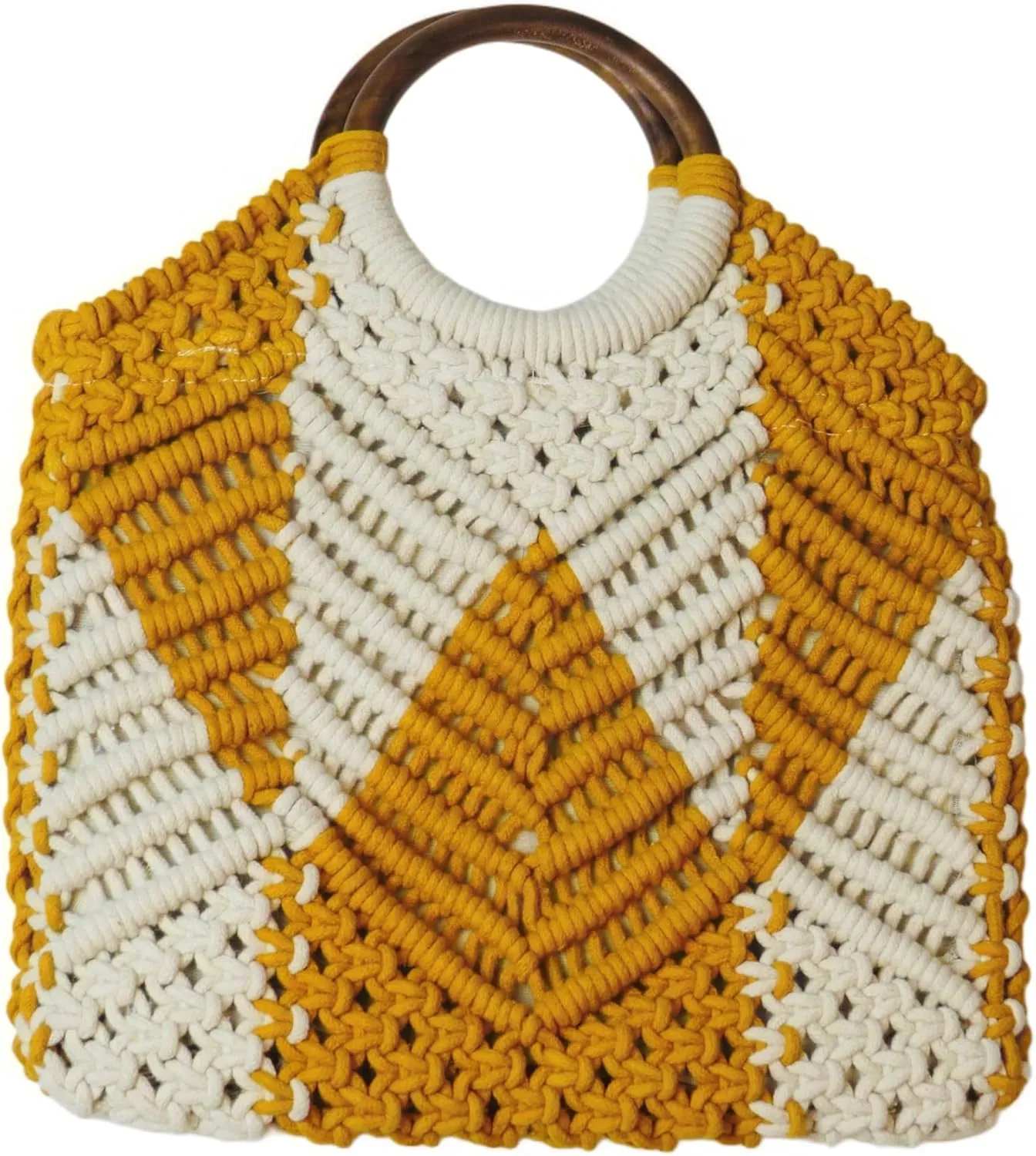 Handwoven Boho Macrame Crochet Bag with Round Wooden Handle, Mustard Yellow and White Size 10 x 12 inches