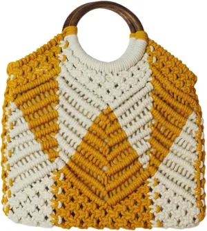 Handwoven Boho Macrame Crochet Bag with Round Wooden Handle, Mustard Yellow and White Size 10 x 12 inches