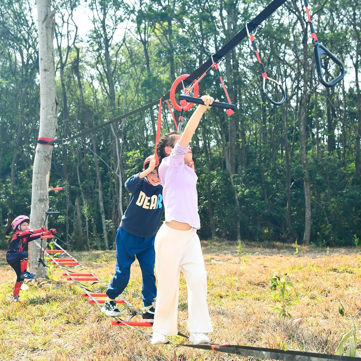 Hapfan Ninja Warrior Obstacle Course for Kids with Rickety Bridge, 50 FT Slackline Kit with Weather-Proof Obstacles, Outdoor Jungle Gym Climbing Toys for Backyard