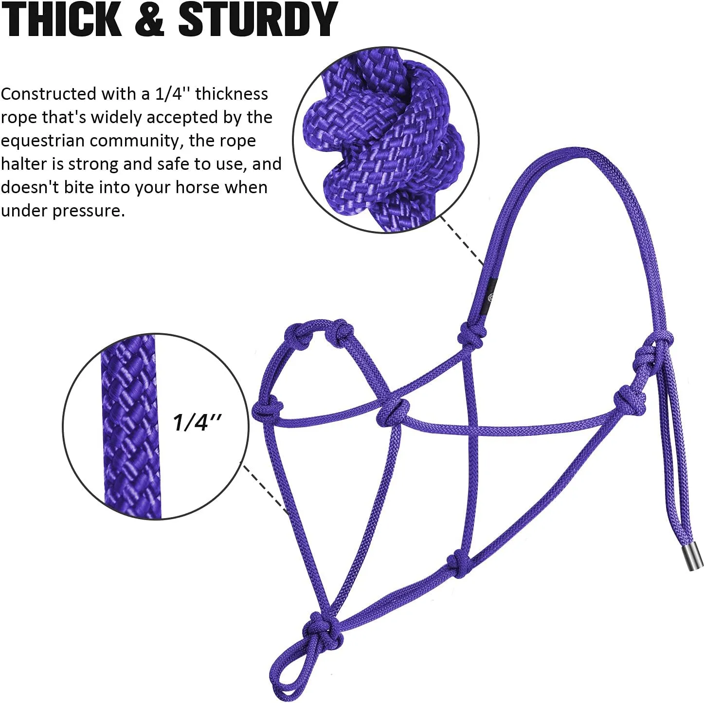 Harrison Howard Super Sturdy Horse Rope Training Halter with 4 Knot 1/4" Stiff Halter Cord