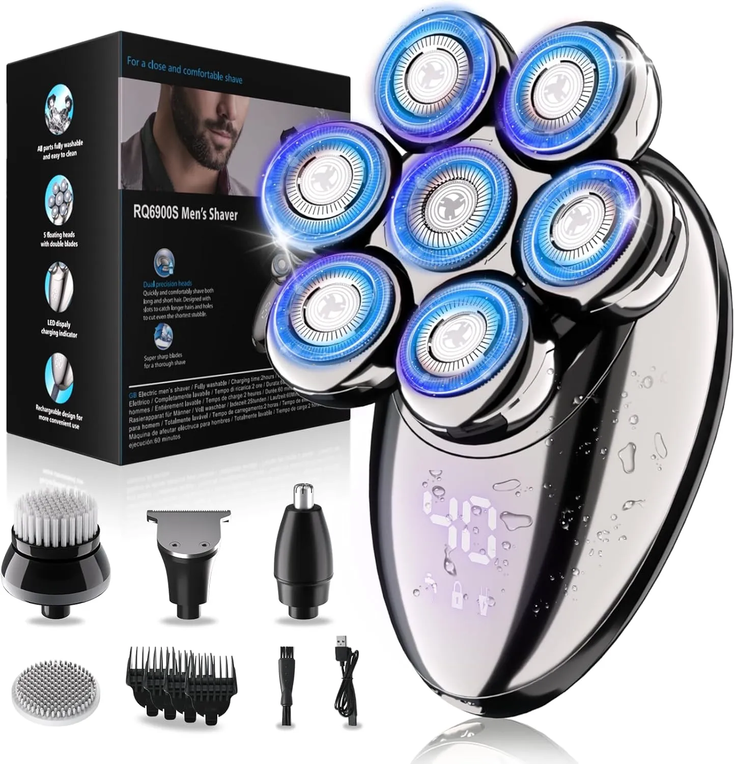 Head Shavers for Bald Men, Electric Razor, IPX8 Waterproof Dry/Wet Bald Head Shaver with 10000 RPM High-Speed Motor, Rechargeable Head Razor with LED Display, USB-C Cable, Perfect for Home & Travel