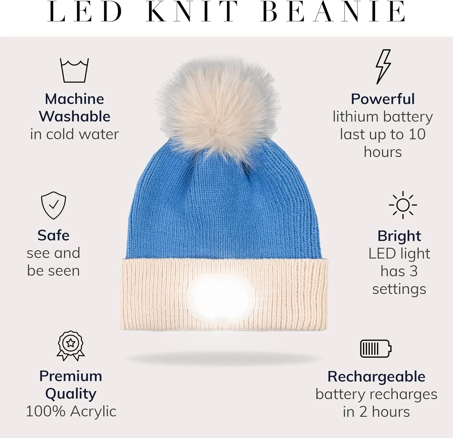 Headlightz by Roq Innovation - POM POM Beanie with Light, Unisex LED Beanie Hat with Light Built in, Rechargeable