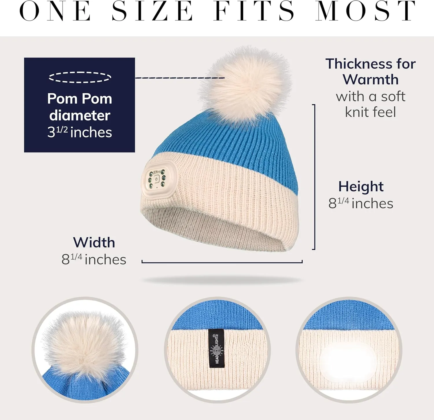 Headlightz by Roq Innovation - POM POM Beanie with Light, Unisex LED Beanie Hat with Light Built in, Rechargeable