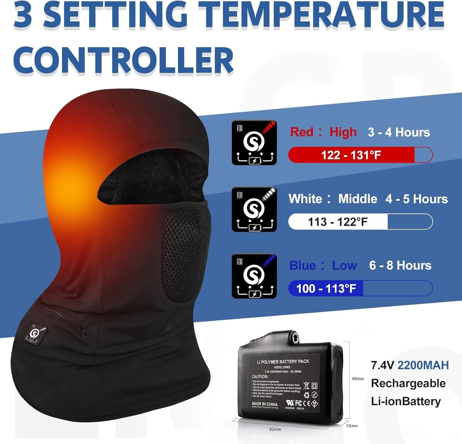 Heated Ski Mask, Windproof Balaclava Face Mask for Women & Men, Heated Hat for Motorcycle Riding