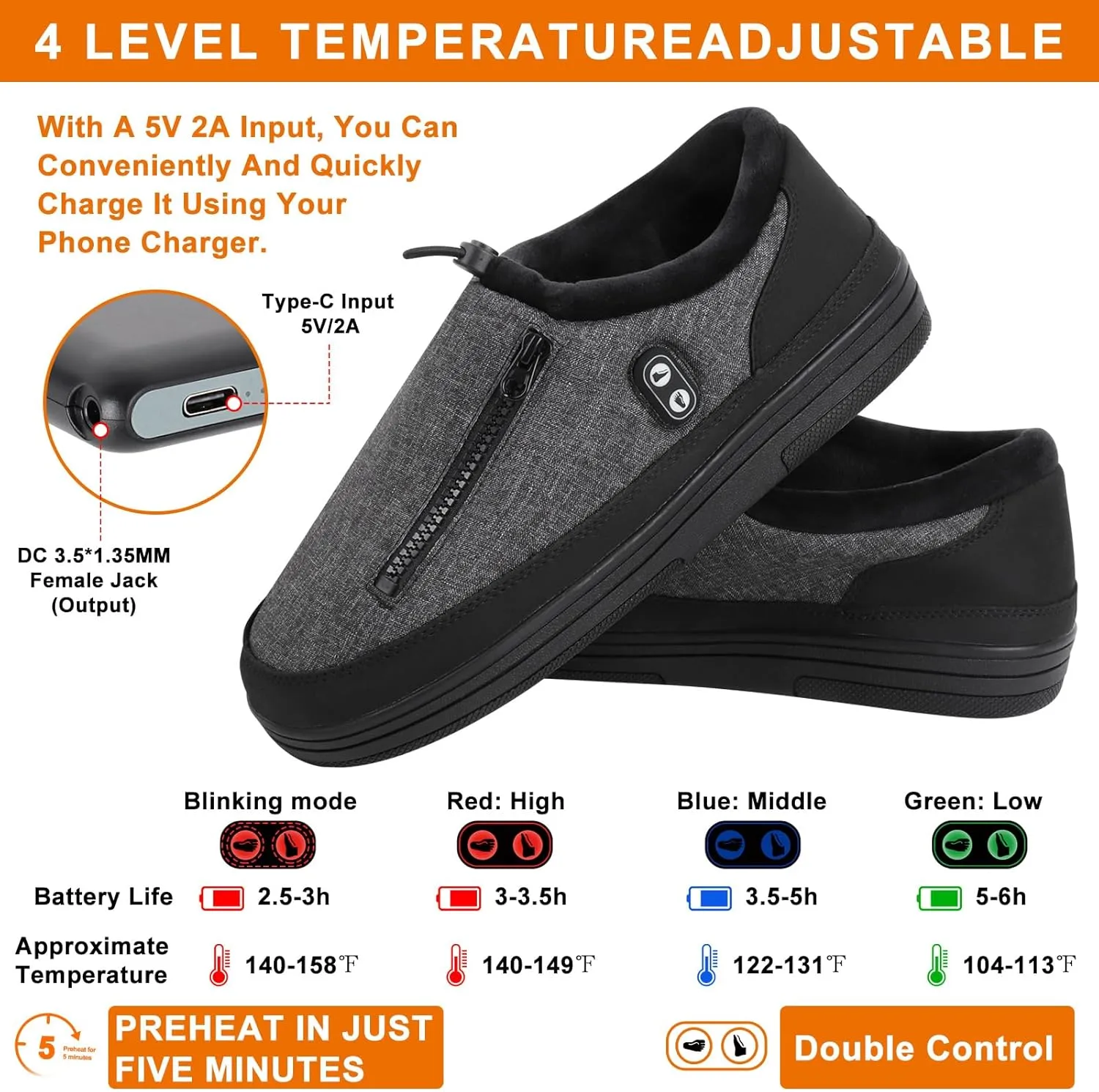 Heated Slippers, Kamlif 4 Heating Levels Cordless Foot Warmers for Cold Feet, Cold Weather Cozy Slippers Warm-up Shoes Indoor House Shoes Outdoor Camping with 5000mAh Rechargeable Battery
