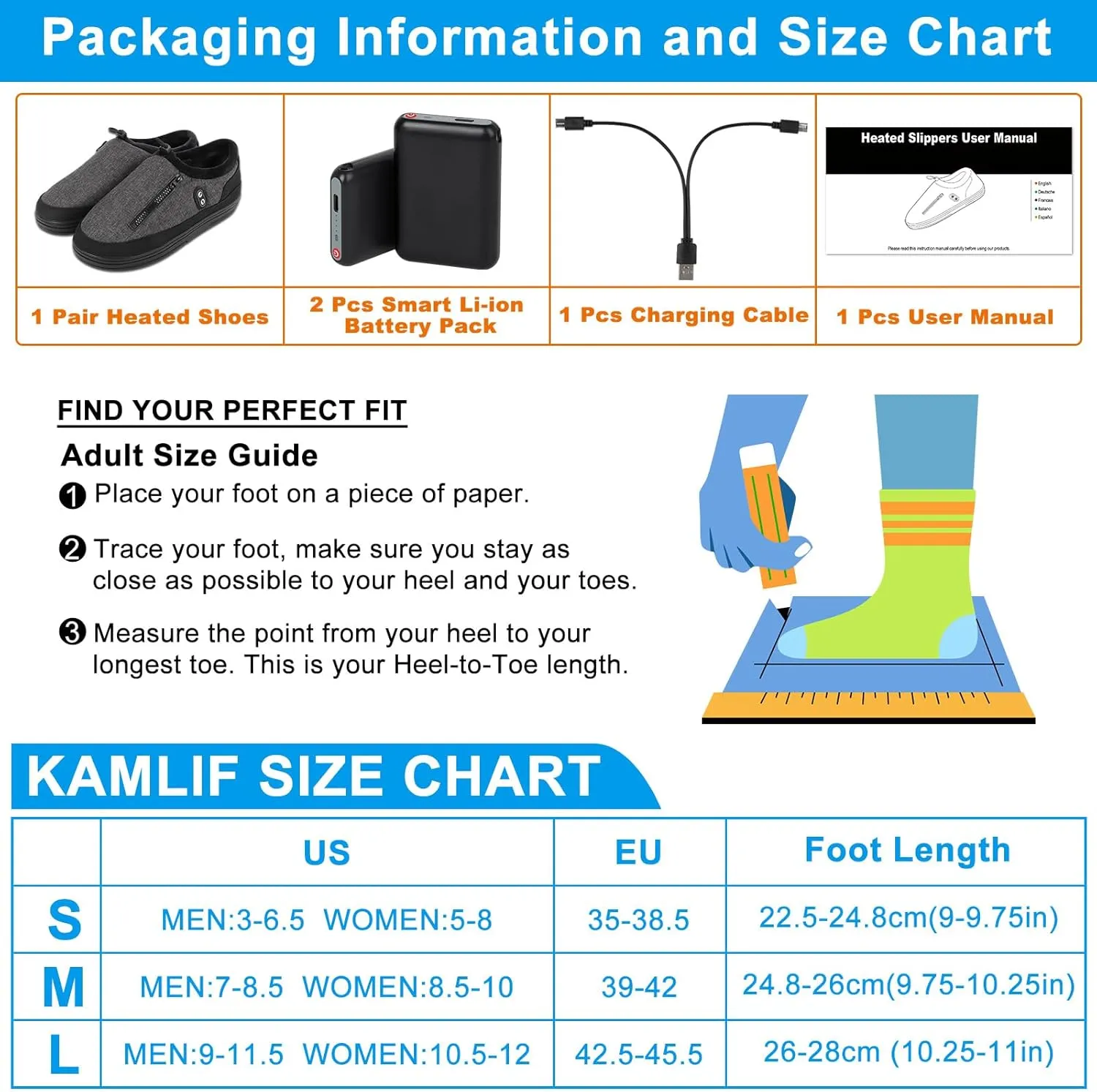 Heated Slippers, Kamlif 4 Heating Levels Cordless Foot Warmers for Cold Feet, Cold Weather Cozy Slippers Warm-up Shoes Indoor House Shoes Outdoor Camping with 5000mAh Rechargeable Battery