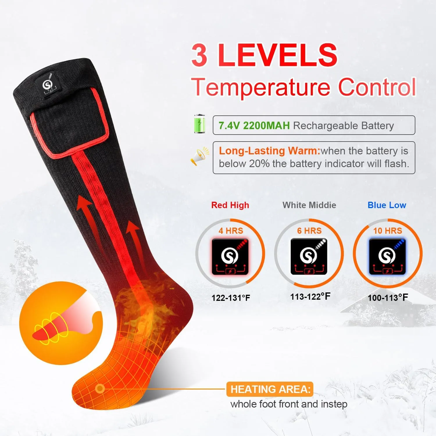 Heated Socks for Men Women,7.4V 2200mah Electric Rechargeable Battery Warm Winter Socks,Cold Weather Thermal Heating Socks Foot Warmers for Hunting Skiing Camping