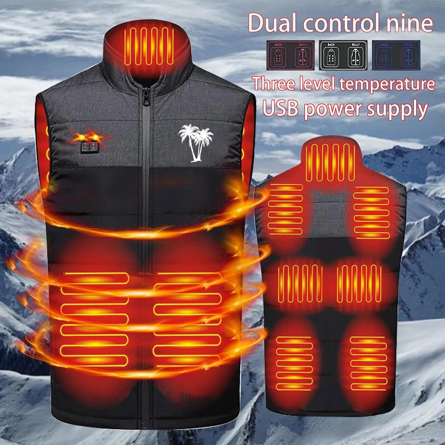 Heated Vest for Men Women 3 Heating Levels 9 Heating Zones Thermal Stand Collar Vests USB Electric Not Included Battery