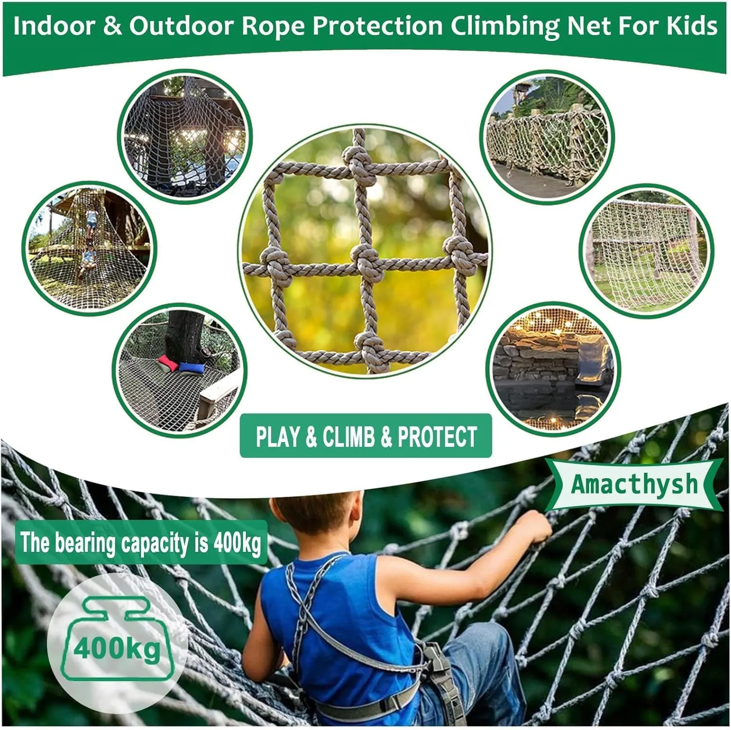 Heavy Duty Climbing Frame Net – Durable Hemp Rope Netting, Jute Rope Nets for Kids Playground, Cargo Climbing, Training Equipment, Plant Support(4*4m)