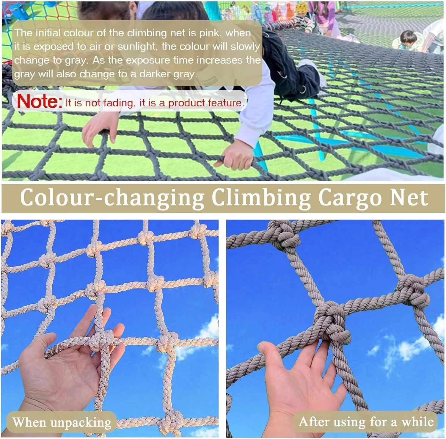 Heavy Duty Climbing Frame Net - Outdoor Playground Safety Hemp Rope Netting, Durable Cargo Jute Rope Nets for Kids, Treehouse, Play Structures(3.3 * 9.8ft)
