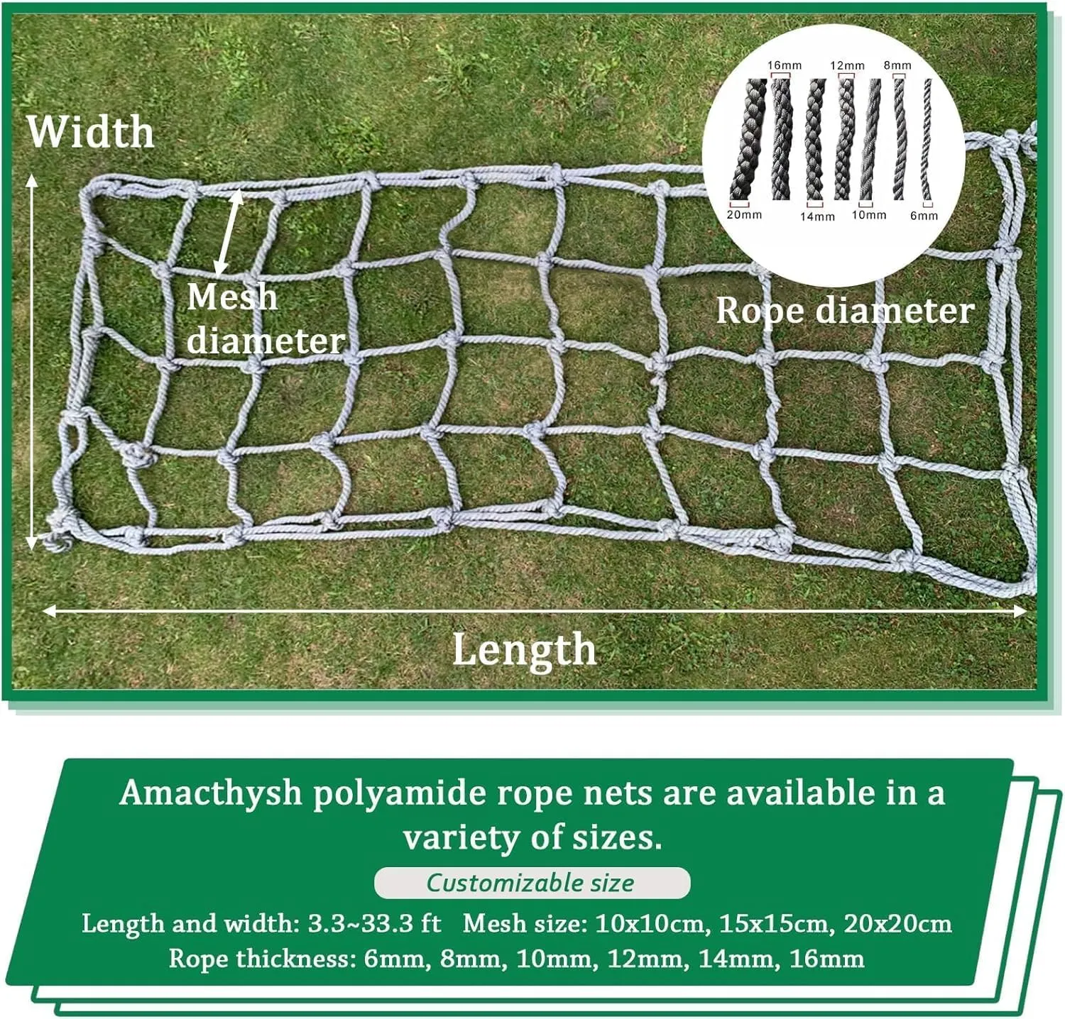 Heavy Duty Climbing Frame Net - Outdoor Playground Safety Hemp Rope Netting, Durable Cargo Jute Rope Nets for Kids, Treehouse, Play Structures(3.3 * 9.8ft)