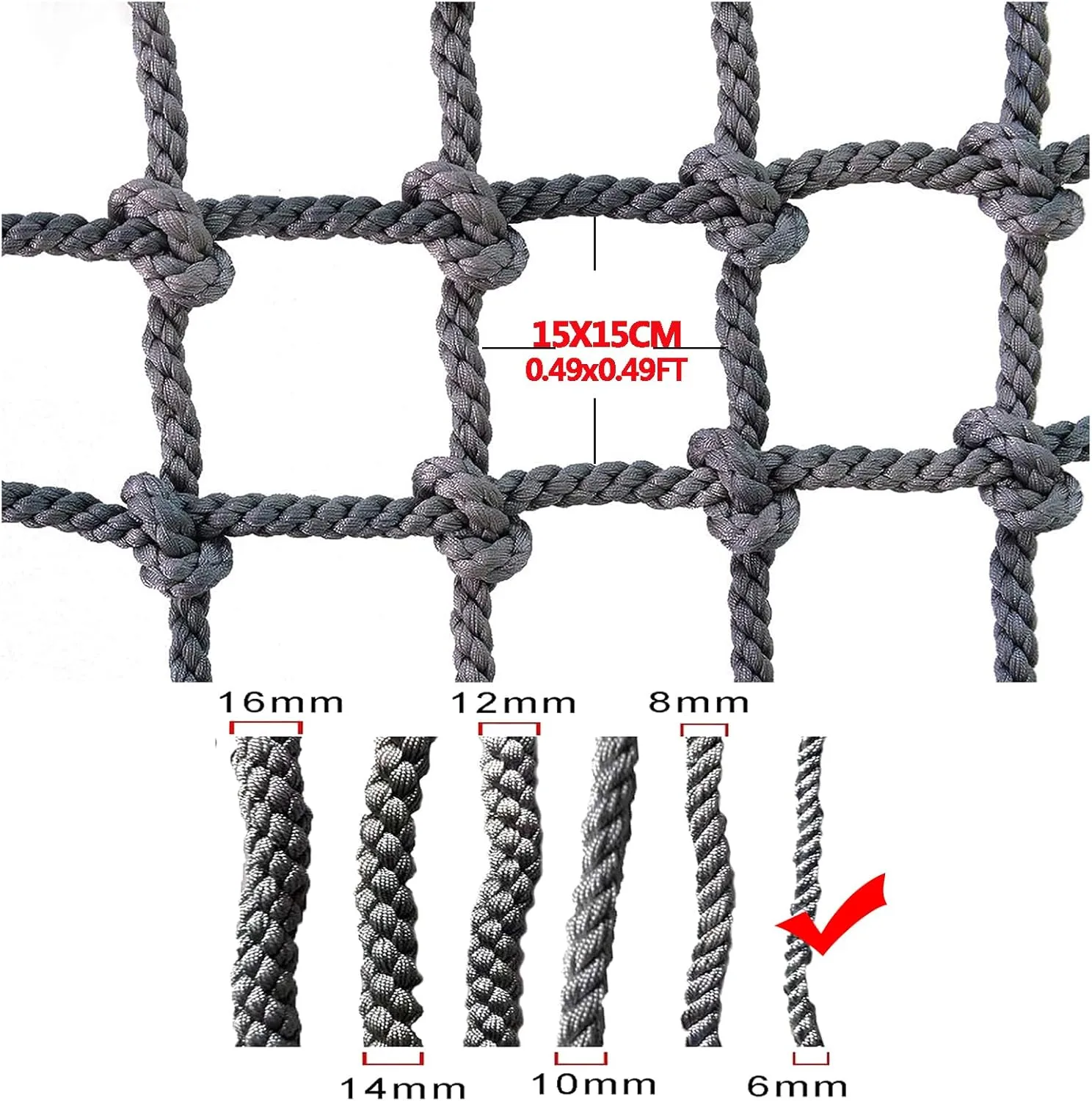 Heavy Duty Climbing Net Rope Safety Net 6MM Durable Playground Net Treehouse Netting Cargo Rope Ladder Truck Trailer Fence Netting,1Mx6M(3.3FTx19.7FT)