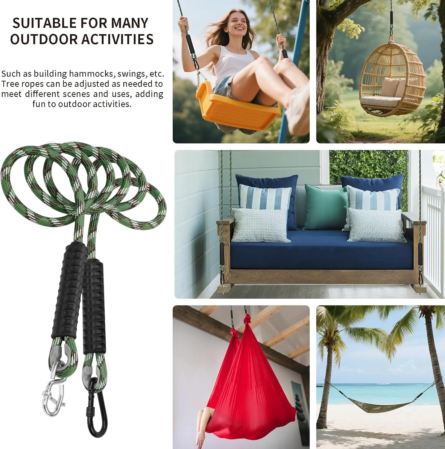 Heavy Duty Tree Swing Ropes Hammock, Adjustable Extendable Hanging Straps, Carabiners for All Swings Hammock Playground Set Accessories 5.6ft(67") of 2, Green