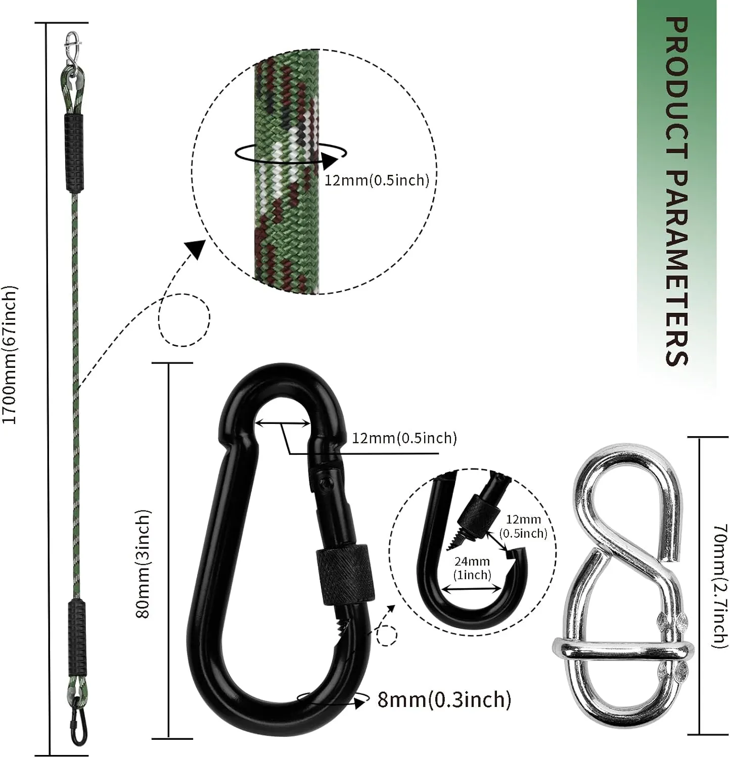 Heavy Duty Tree Swing Ropes Hammock, Adjustable Extendable Hanging Straps, Carabiners for All Swings Hammock Playground Set Accessories 5.6ft(67") of 2, Green