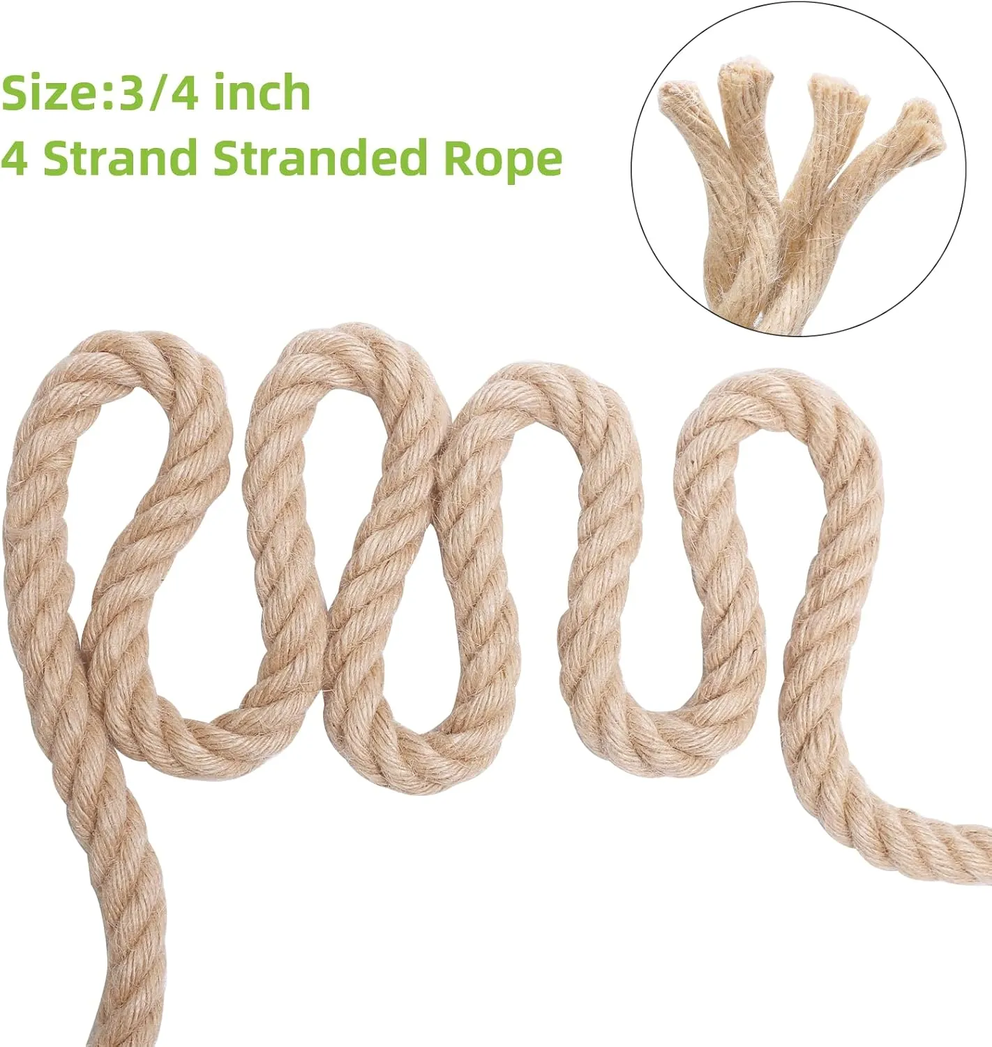 Hemp Jute Rope and Twine, 3/4 Inch, 100Ft. Heavy Duty, Indoor/Outdoor, DIY, Bundling, Climbing, Hammock, Nautical, Tug of War