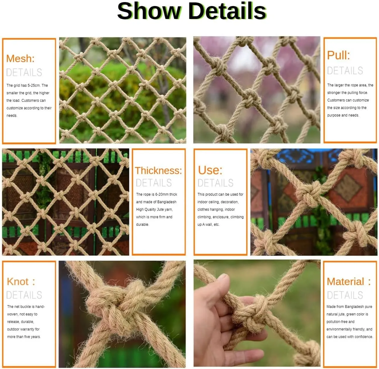 Hemp Rope Climbing Net for Kids - Durable Outdoor Playground Climbing Equipment, Indoor Gym Nets, Plant Support Garden Decoration with Jute Netting (Multi-Purpose Safety Design)