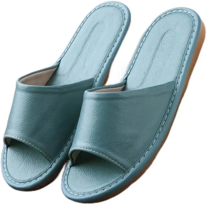 Home Men and Women Indoor Leather Slippers Leisure Non-slip Head Layer Cowhide Slippers
