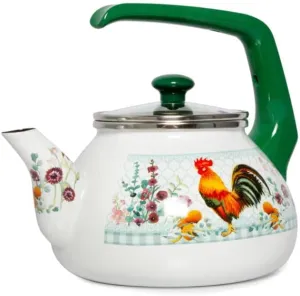 HOMEHUT Golden Rooster Enamel Kettle 2.3-Qt - Durable Aluminum Enamel Teapot for Safe, Healthy, & Stylish Boiling - Rustic Design, PFOA & PTFE-Free - Heat-Resistant Handle & Compatible with All Stove