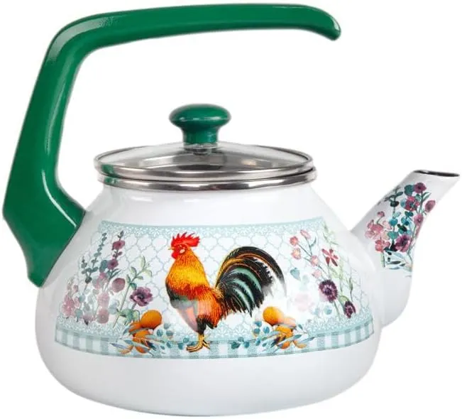 HOMEHUT Golden Rooster Enamel Kettle 2.3-Qt - Durable Aluminum Enamel Teapot for Safe, Healthy, & Stylish Boiling - Rustic Design, PFOA & PTFE-Free - Heat-Resistant Handle & Compatible with All Stove