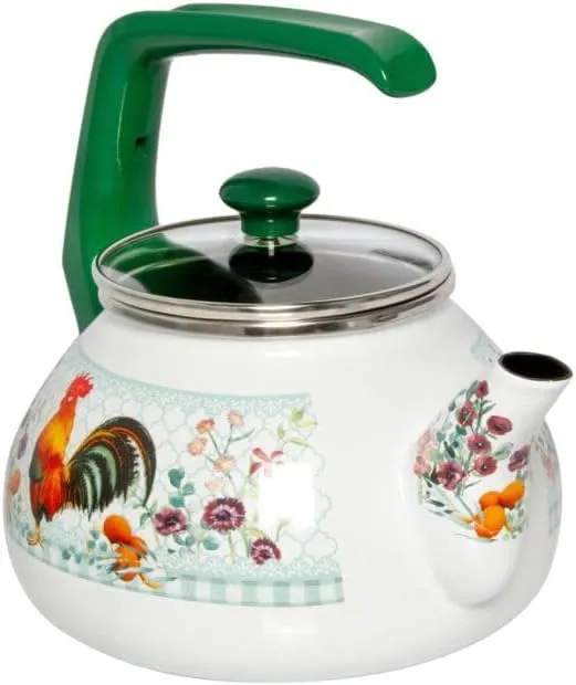 HOMEHUT Golden Rooster Enamel Kettle 2.3-Qt - Durable Aluminum Enamel Teapot for Safe, Healthy, & Stylish Boiling - Rustic Design, PFOA & PTFE-Free - Heat-Resistant Handle & Compatible with All Stove