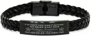 Human Resources Manager Braided Leather Bracelet, If at first you don't succeed, try doing what your athletic trainer told you to do the first time., Laser Engraved, Stainless Steel Wristband