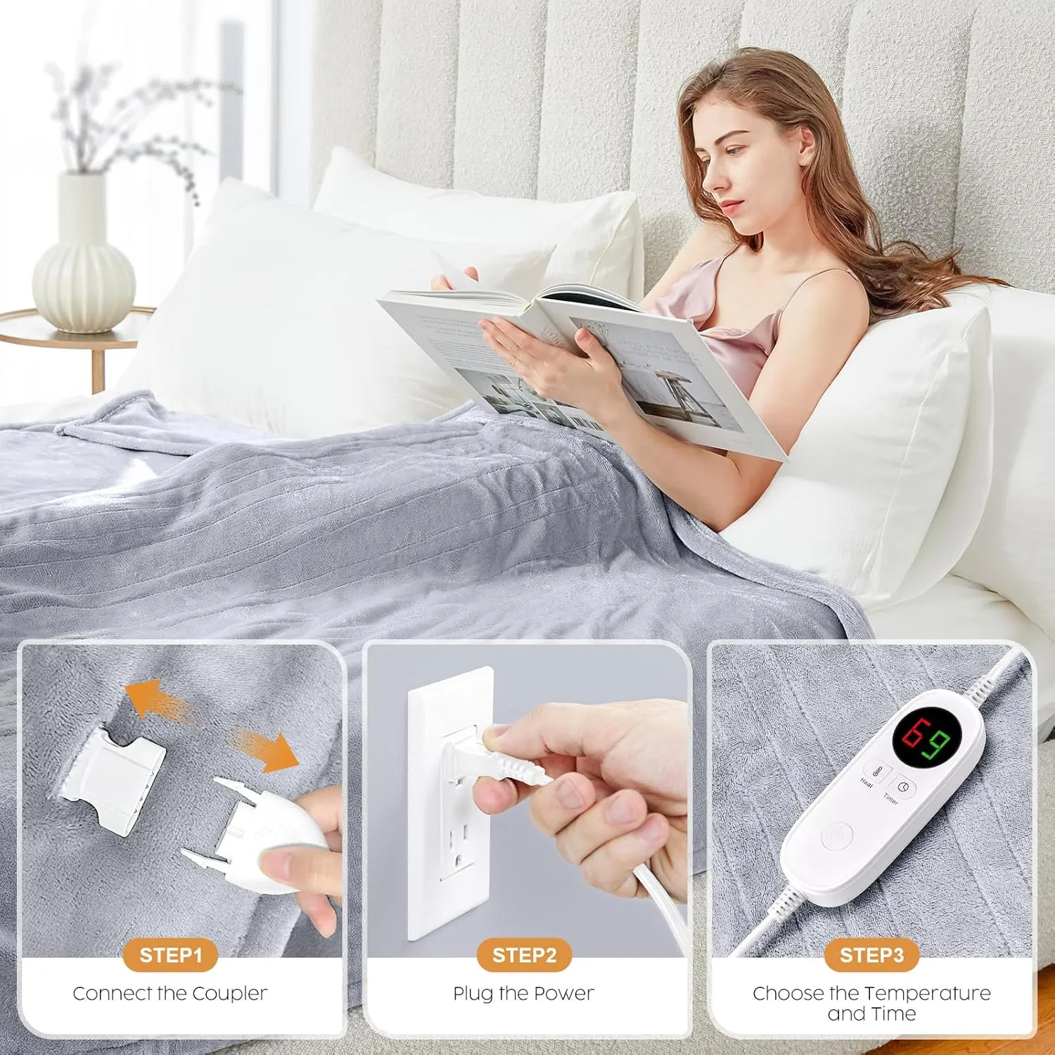 HYLEORY Heated Electric Blanket Throw 50" x 60" Soft Warm Flannel with 6 Heating Levels & 9 Hours Timer Auto Shutt Off, Heating Blanket for Full Body - Light Grey