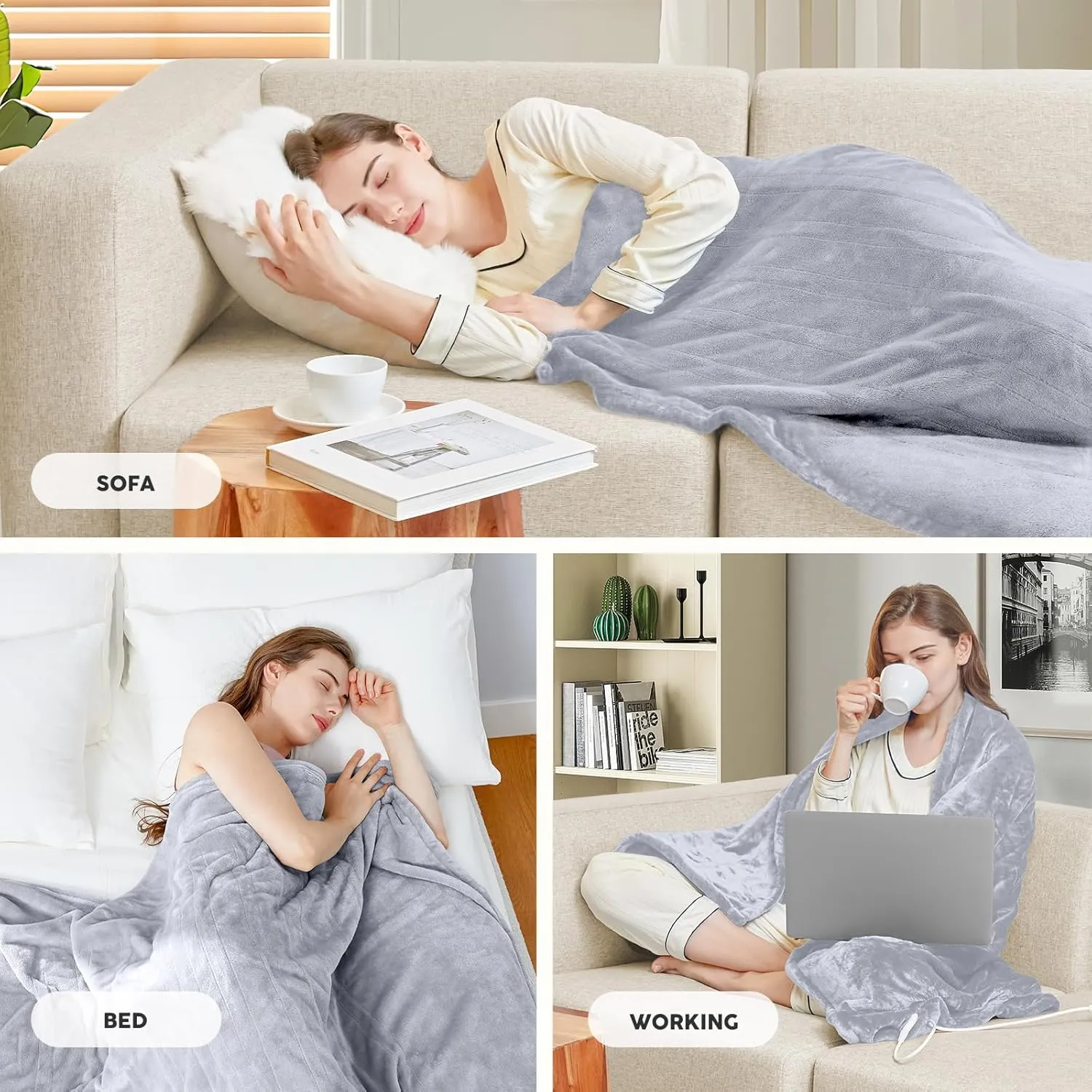 HYLEORY Heated Electric Blanket Throw 50" x 60" Soft Warm Flannel with 6 Heating Levels & 9 Hours Timer Auto Shutt Off, Heating Blanket for Full Body - Light Grey