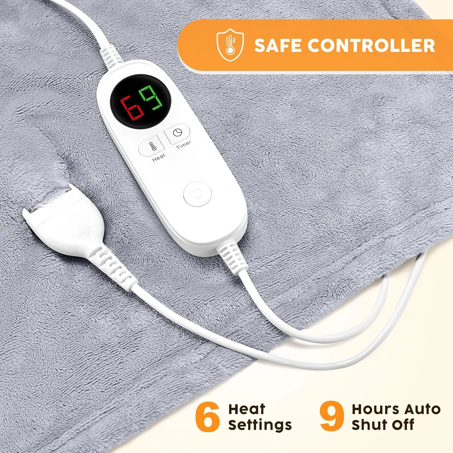 HYLEORY Heated Electric Blanket Throw 50" x 60" Soft Warm Flannel with 6 Heating Levels & 9 Hours Timer Auto Shutt Off, Heating Blanket for Full Body - Light Grey