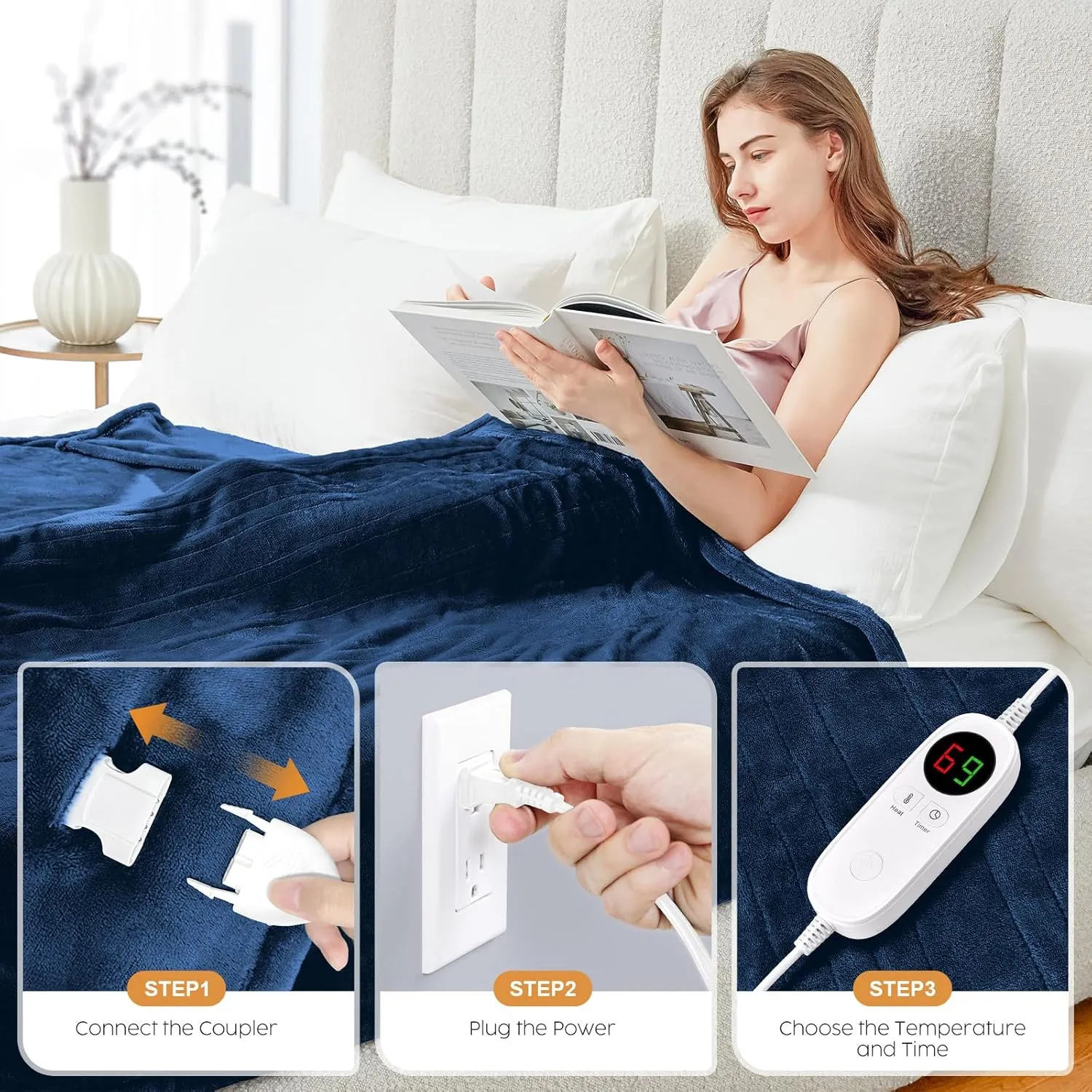 HYLEORY Heated Electric Blanket Throw 50" x 60" Soft Warm Flannel with 6 Heating Levels & 9 Hours Timer Auto Shutt Off, Heating Blanket for Full Body - Navy Blue