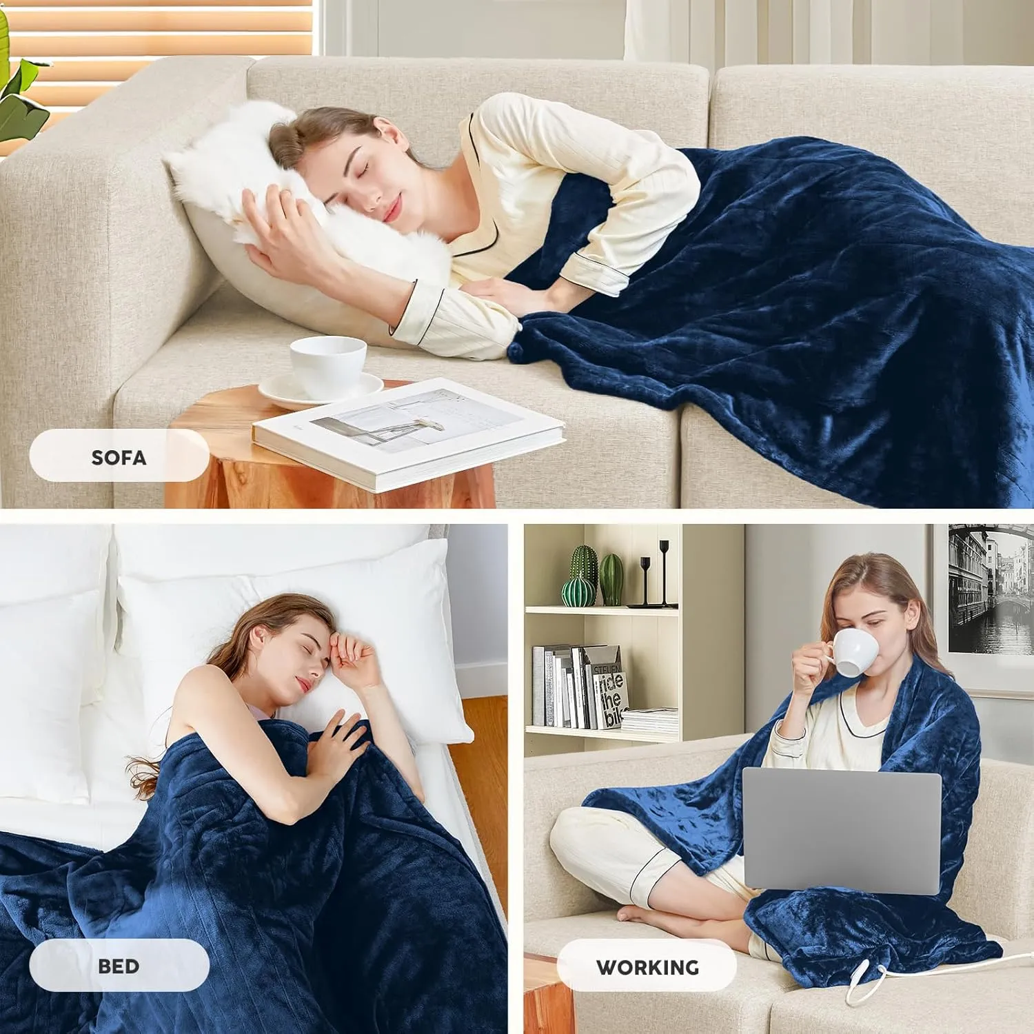 HYLEORY Heated Electric Blanket Throw 50" x 60" Soft Warm Flannel with 6 Heating Levels & 9 Hours Timer Auto Shutt Off, Heating Blanket for Full Body - Navy Blue