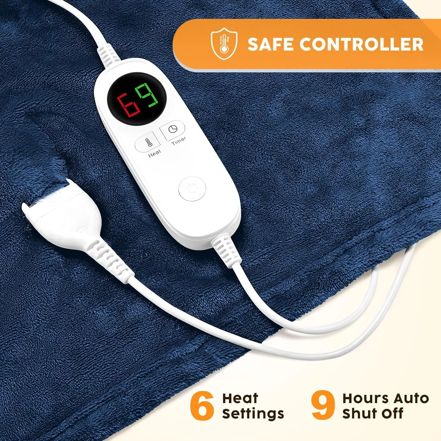 HYLEORY Heated Electric Blanket Throw 50" x 60" Soft Warm Flannel with 6 Heating Levels & 9 Hours Timer Auto Shutt Off, Heating Blanket for Full Body - Navy Blue