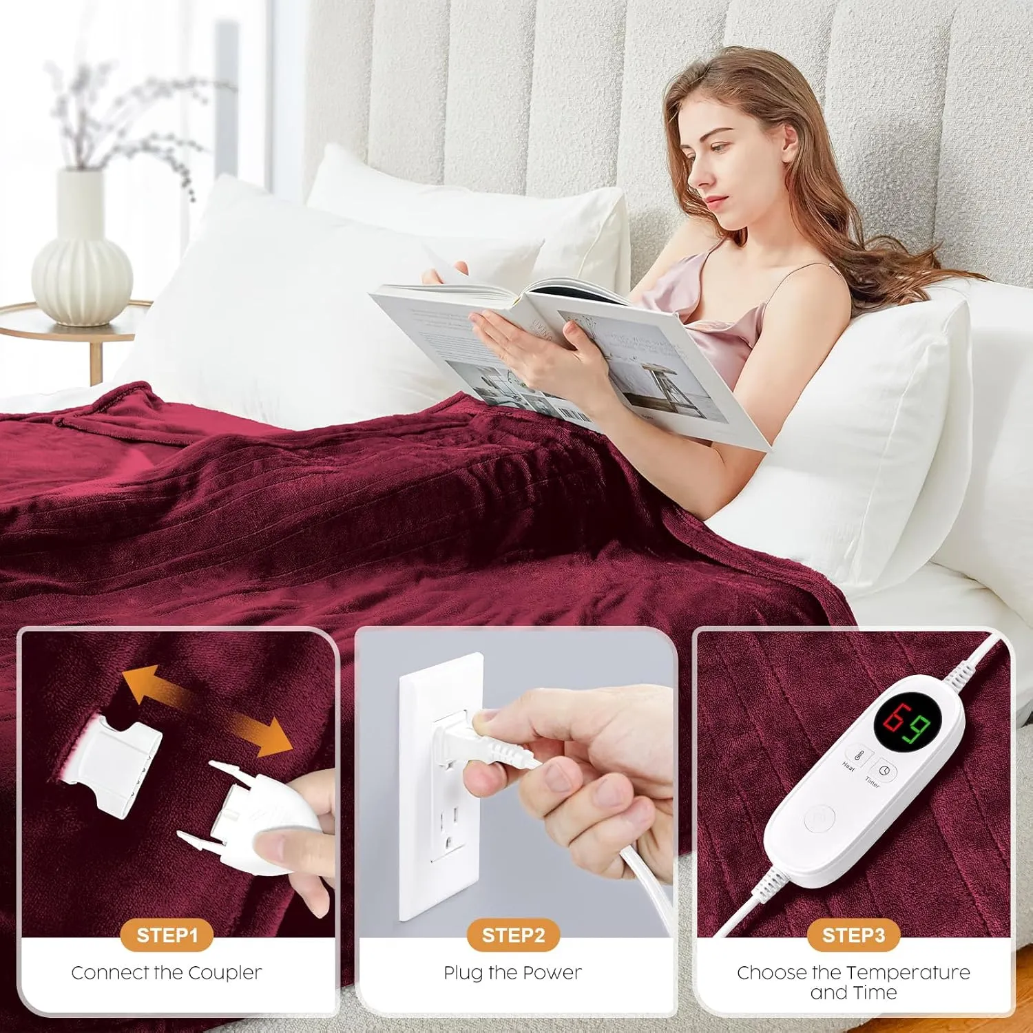 HYLEORY Heated Electric Blanket Throw 50" x 60" Soft Warm Flannel with 6 Heating Levels & 9 Hours Timer Auto Shutt Off, Heating Blanket for Full Body - Red