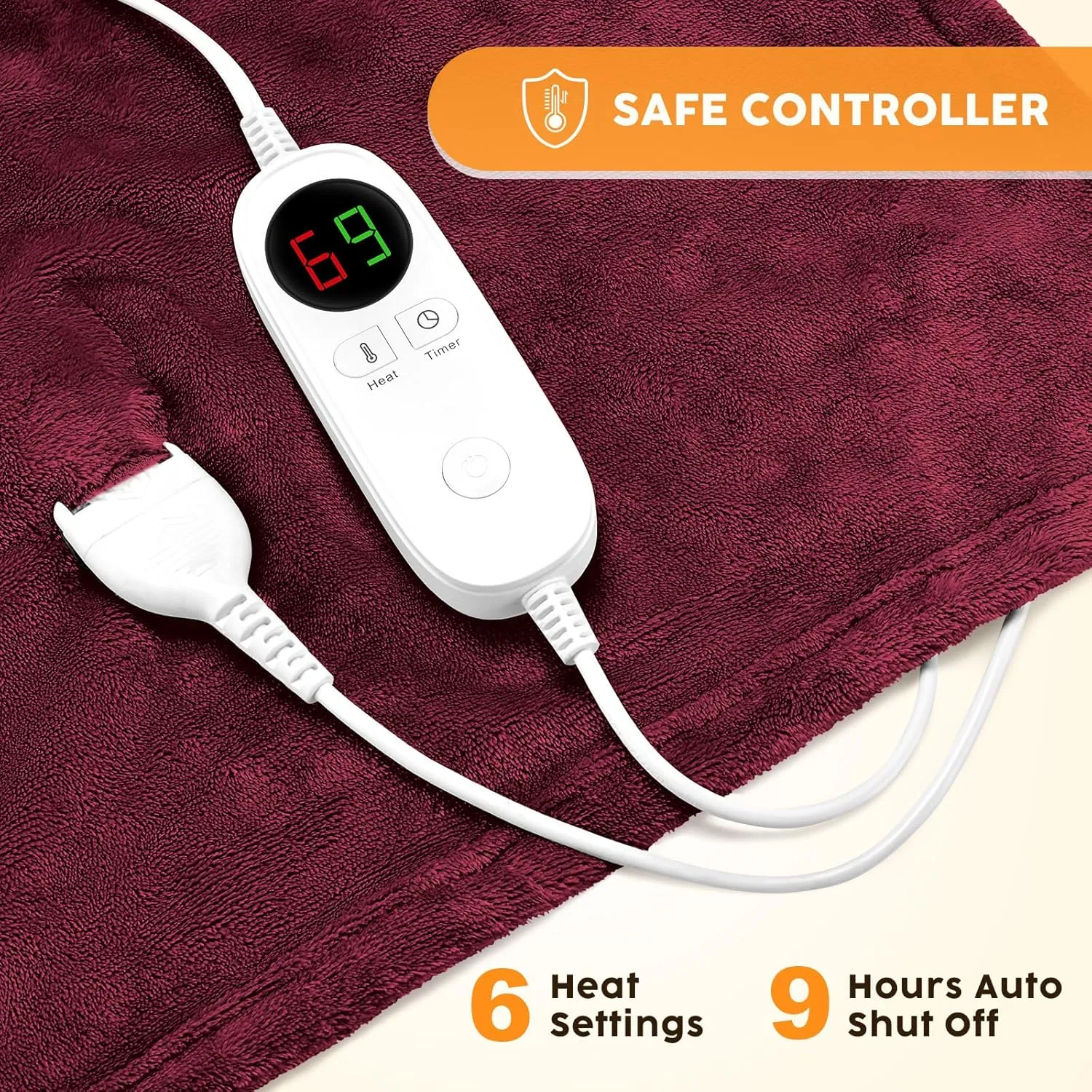 HYLEORY Heated Electric Blanket Throw 50" x 60" Soft Warm Flannel with 6 Heating Levels & 9 Hours Timer Auto Shutt Off, Heating Blanket for Full Body - Red