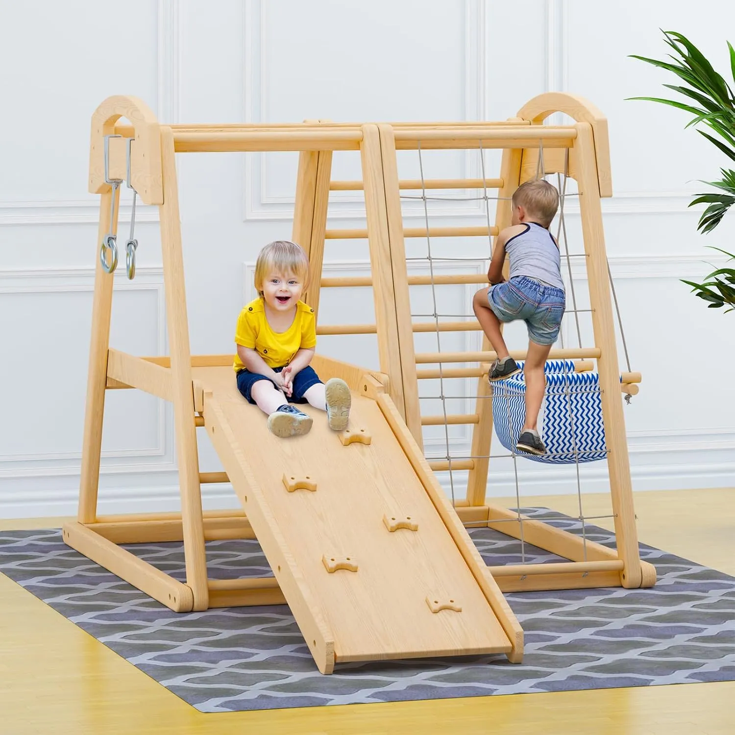 Indoor Jungle Gym, Toddler Climbing Toys Indoor, Indoor Playground Climbing Toys with Monkey Bars, Rope & Wooden Ladder, Waiting Area, Swing, Climbing Rock, Arm Ring, Toddler Swing