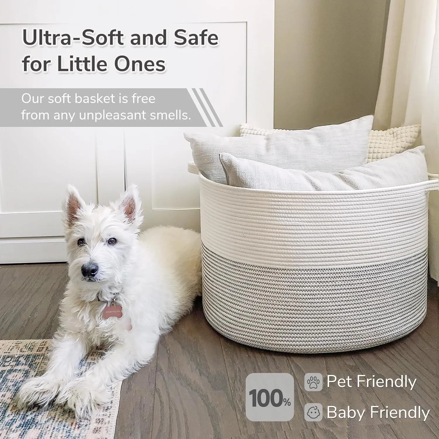 INDRESSME XXXLarge Cotton Rope Basket 21.7" x 21.7" x 13.8" Woven Baby Laundry Basket for Blankets Toys Storage Baskets with Handle Comforter Cushions Storage Bins Thread Laundry Hamper-Black Stitch